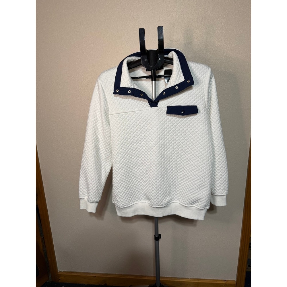Merokeety Womens White Quilted Snap Button Pullover Sweatshirt Navy Trim Large